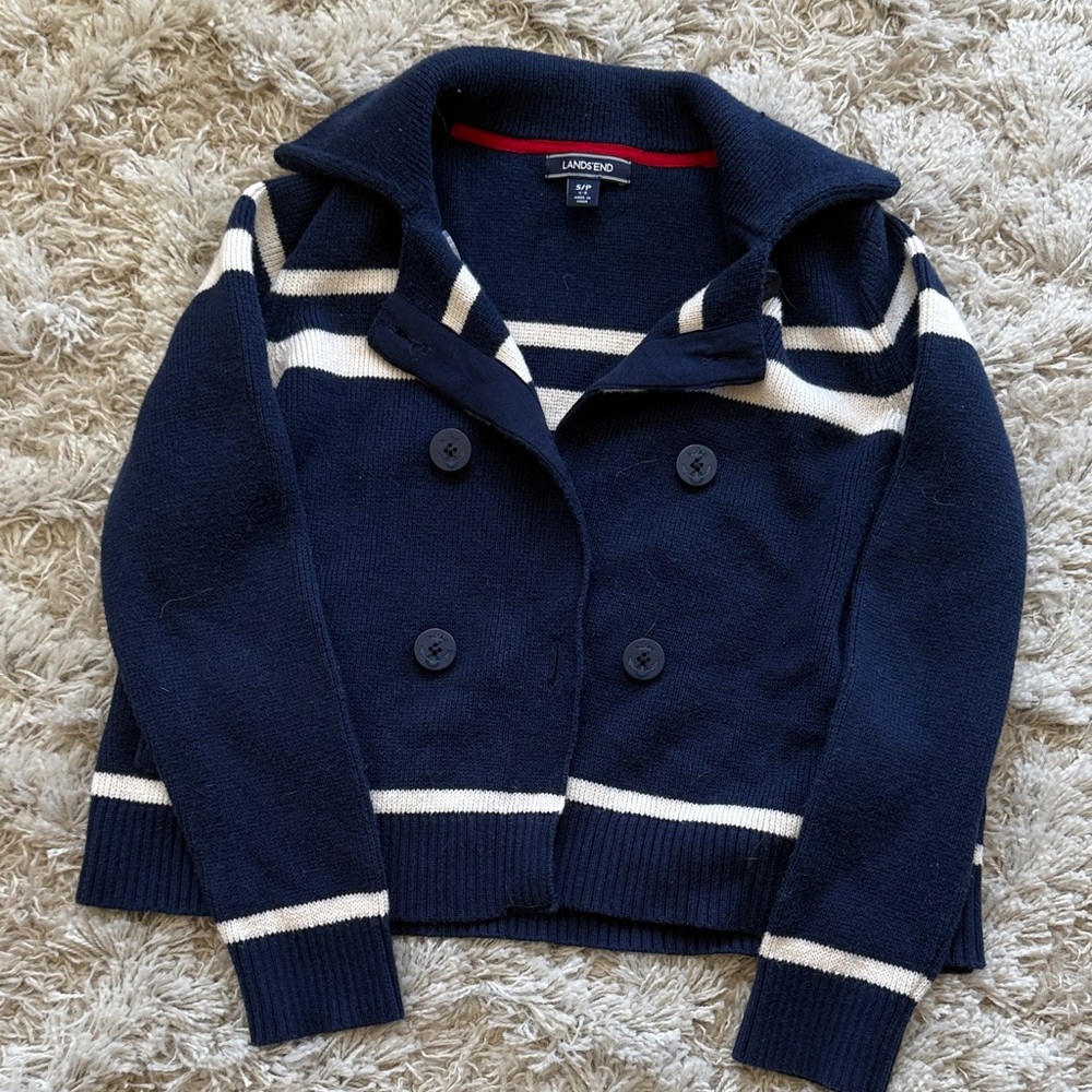 Lands' End Wool Dark Blue Cardigan with Cream Stripes